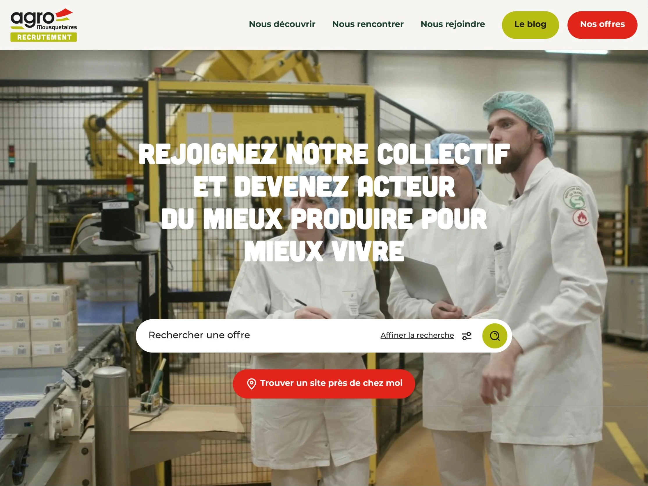 Page d'accueil du site recrutement d'Agromousquetaires : hero sur la vidéo manifeste, moteur de recherche d'offres