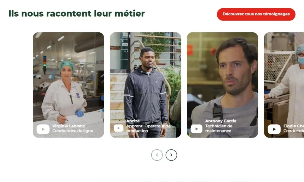 Carrousel de témoignages vidéo « Ils nous racontent leur métier » sur l'accueil du site recrutement d'Agromousquetaires