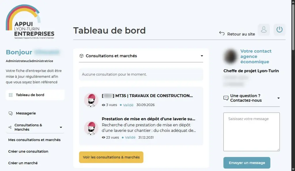 Tableau de bord de l’espace privé : consultations et marchés en cours, menu latéral, contact de l’agence économique et messagerie (noms floutés)