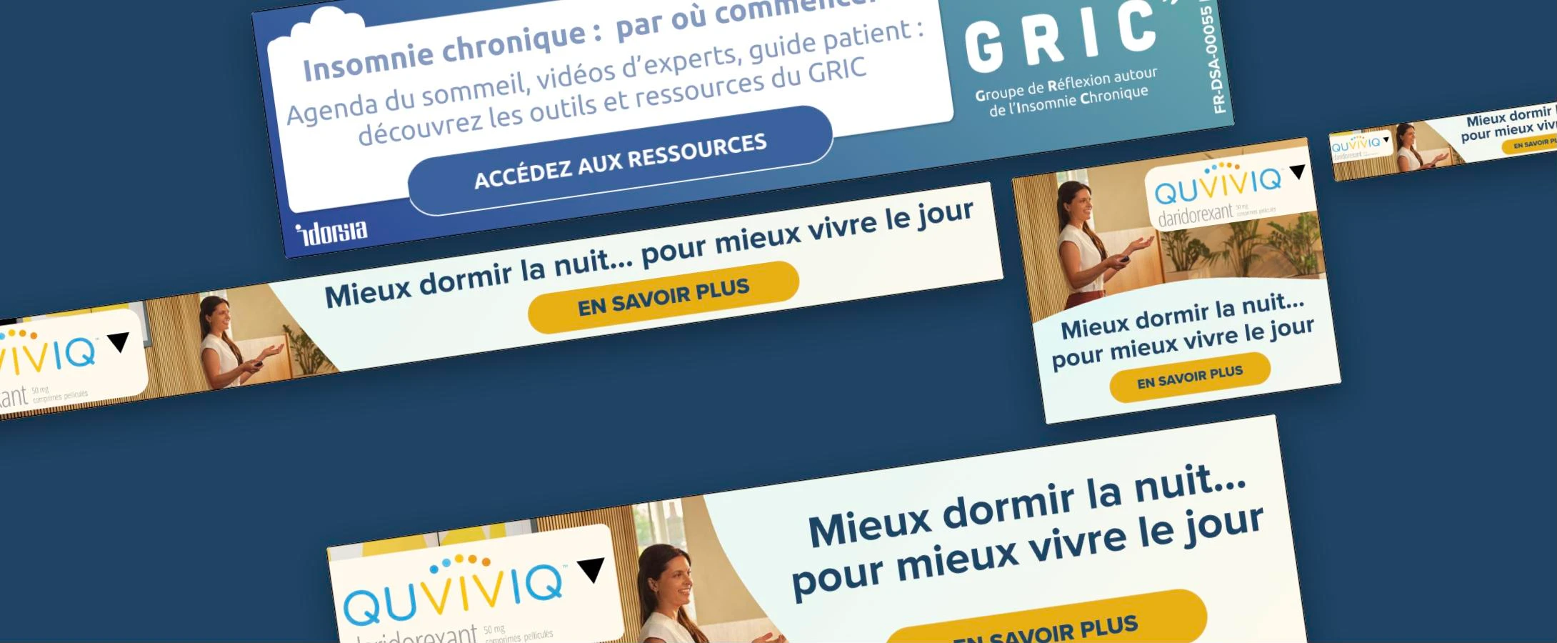 Assemblage des bannières display Idorsia conçues et intégrées par Océbo pour Quviviq et le GRIC