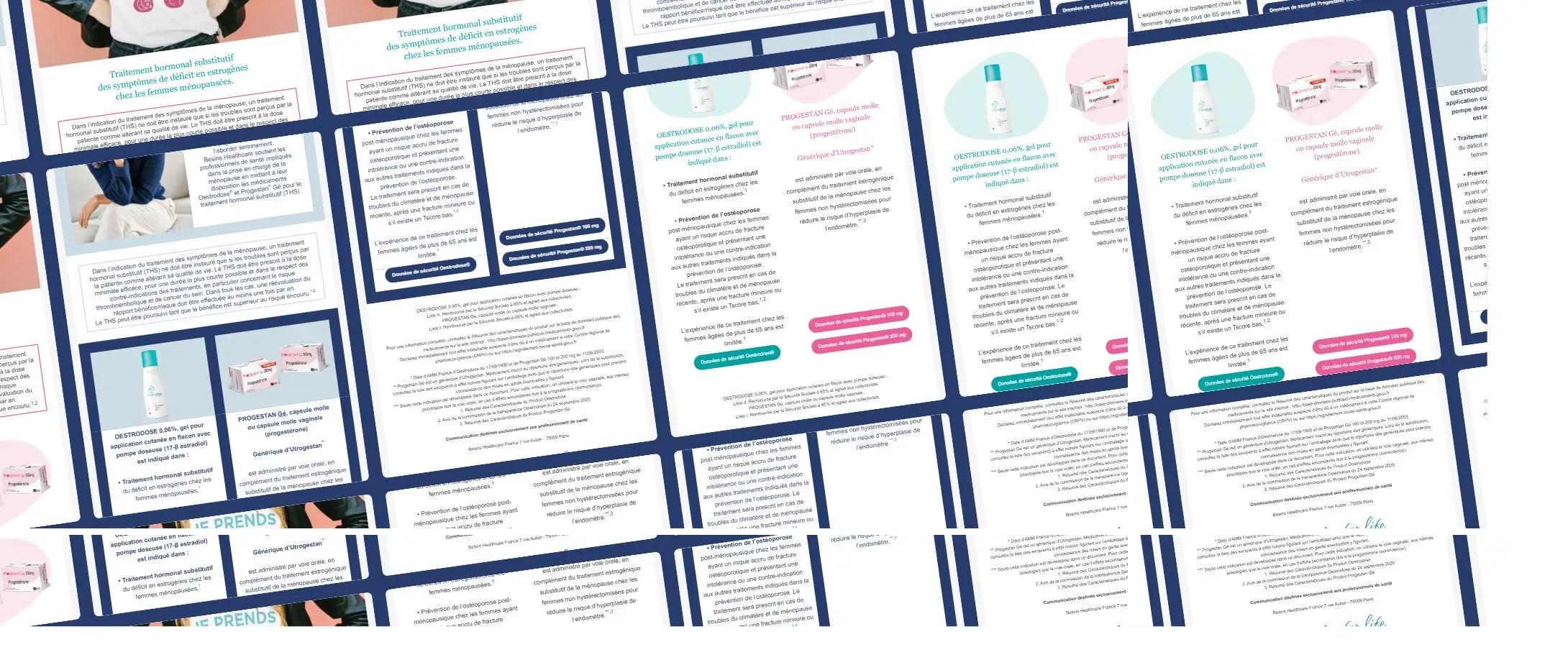 Assemblage des emailings Besins Healthcare conçus et intégrés par Océbo autour de la ménopause et du traitement hormonal substitutif