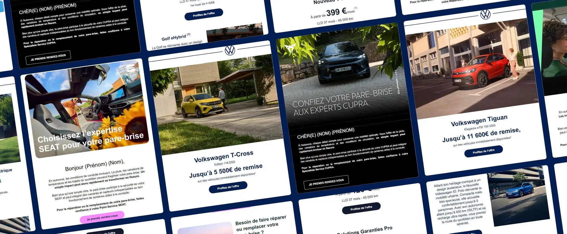 Assemblage d’emailings du Groupe Volkswagen intégrés par Océbo : Volkswagen, Cupra et Seat