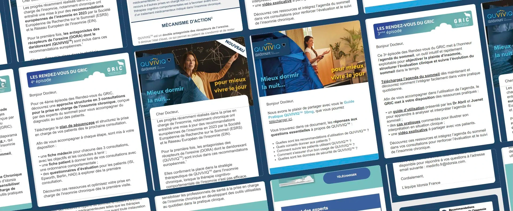 Assemblage des emailings Idorsia conçus et intégrés par Océbo pour Quviviq et les Rendez-vous du GRIC
