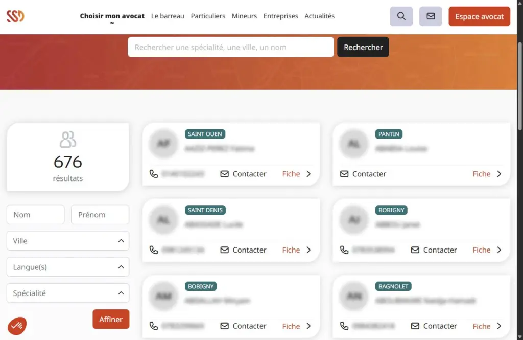 Annuaire des 676 avocats du barreau : recherche par spécialité, ville ou nom, filtres et fiches avec téléphone et contact (noms floutés)
