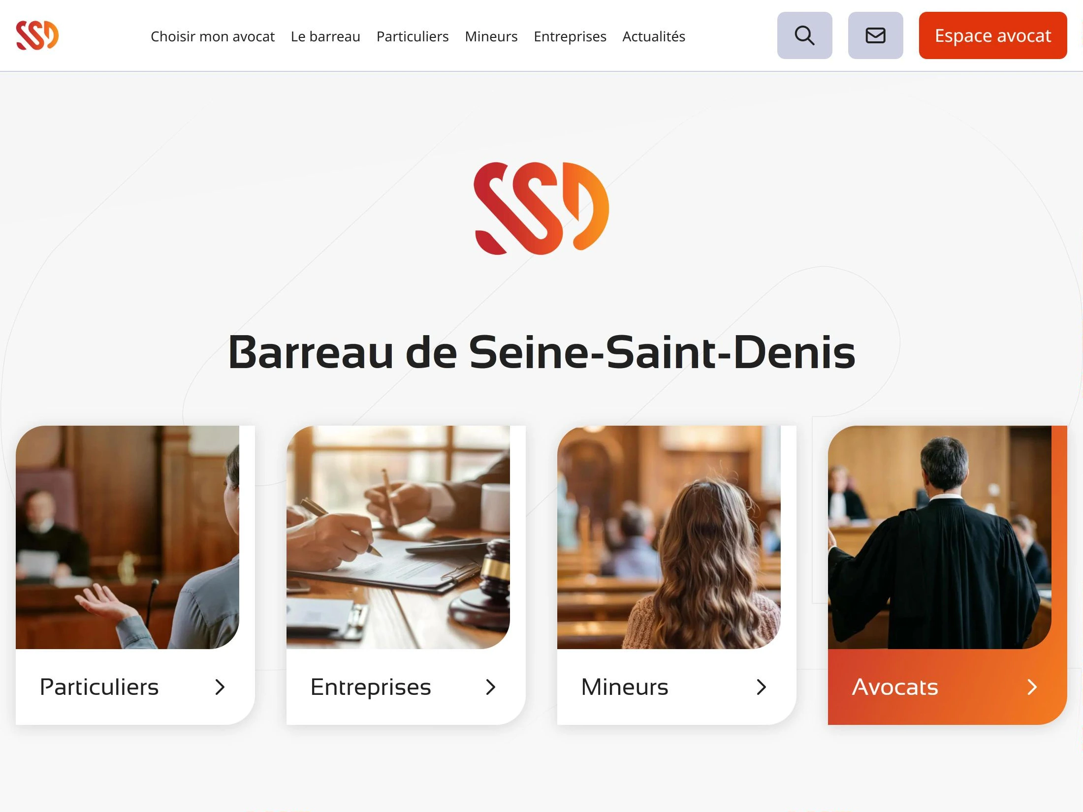 Page d’accueil du site du Barreau de Seine-Saint-Denis : logo SSD, titre et quatre parcours Particuliers, Entreprises, Mineurs, Avocats