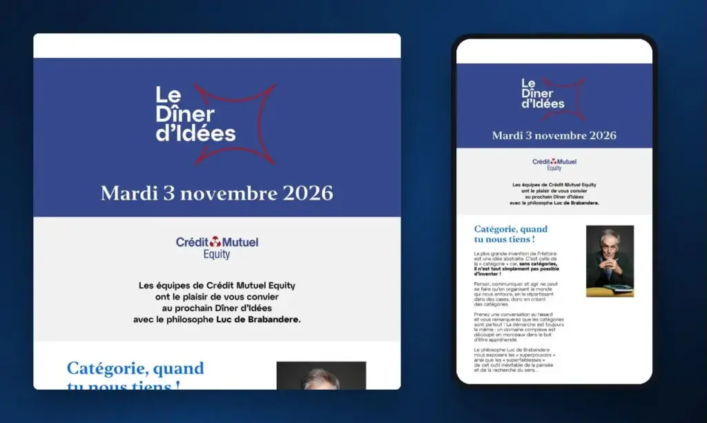 Invitation Crédit Mutuel Equity au Dîner d’Idées, vue ordinateur et mobile