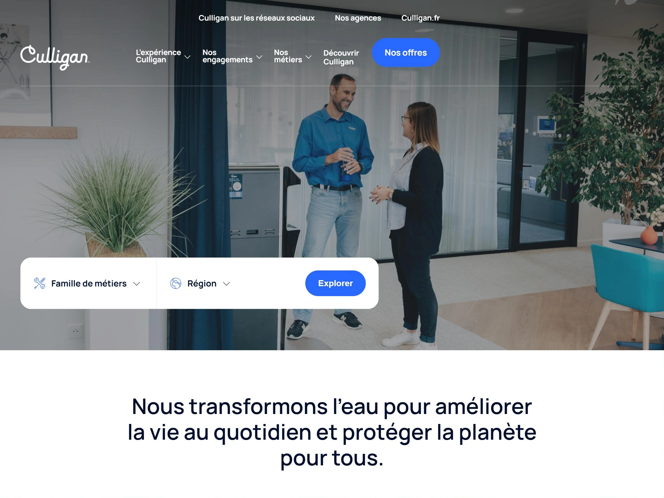 Page d'accueil du site Culligan Recrute : hero photo et moteur de recherche d'offres par famille de métiers et région