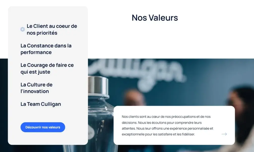 Section Nos valeurs de l'accueil Culligan Recrute, à onglets