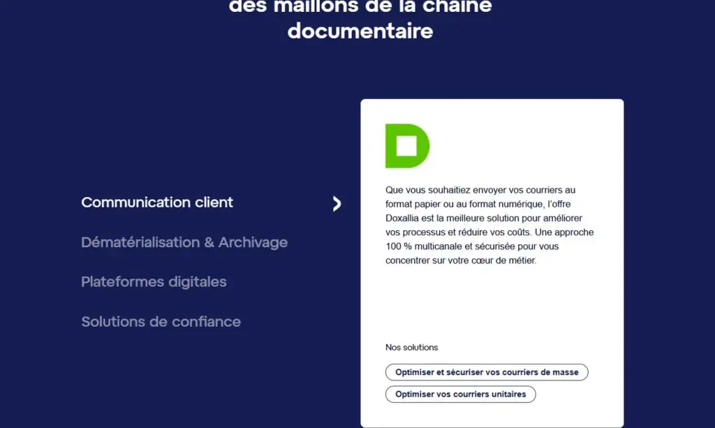 Section à onglets de l'accueil Doxallia présentant les quatre domaines d'expertise