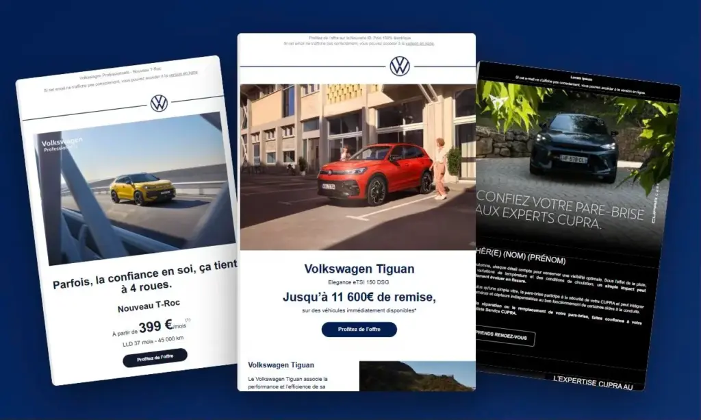 Trois emailings du Groupe Volkswagen présentés côte à côte, T-Roc, Tiguan et Cupra