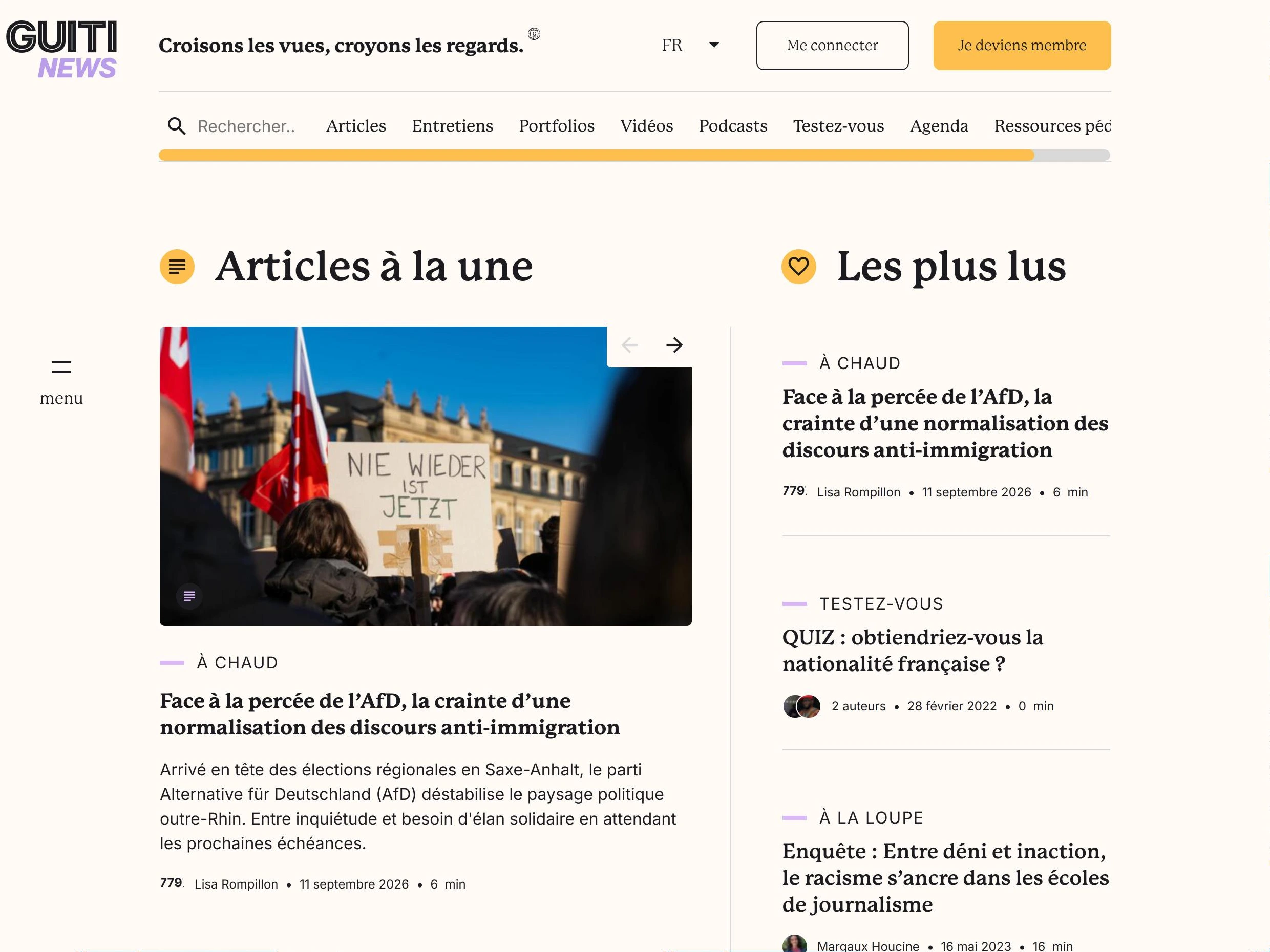Page d’accueil de Guiti News : logo, signature « Croisons les vues, croyons les regards », menu des rubriques, articles à la une et les plus lus