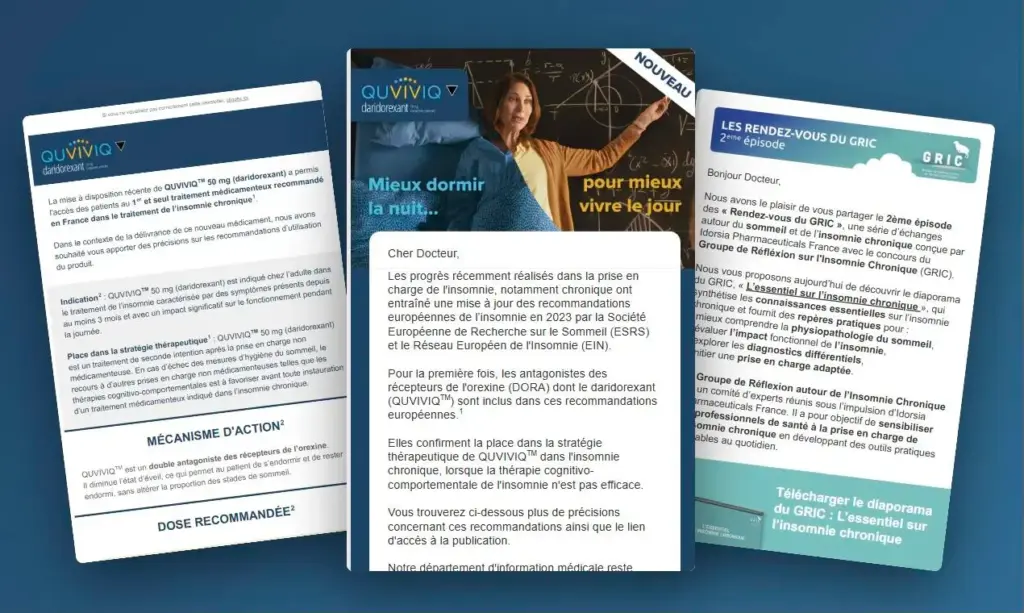 Trois emailings Idorsia présentés côte à côte, Quviviq pour les pharmaciens, Quviviq pour les médecins et un épisode du GRIC