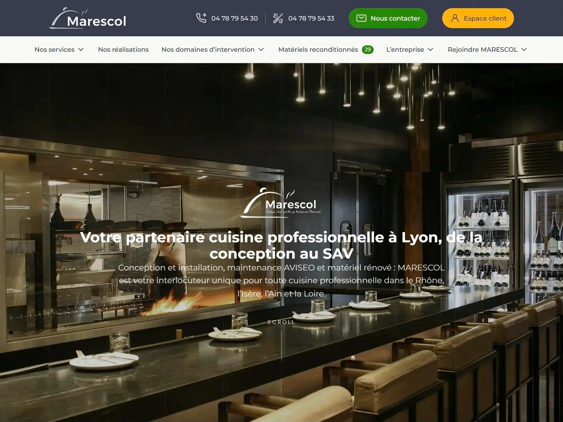 Page d’accueil du site Marescol, spécialiste de la cuisine professionnelle à Lyon