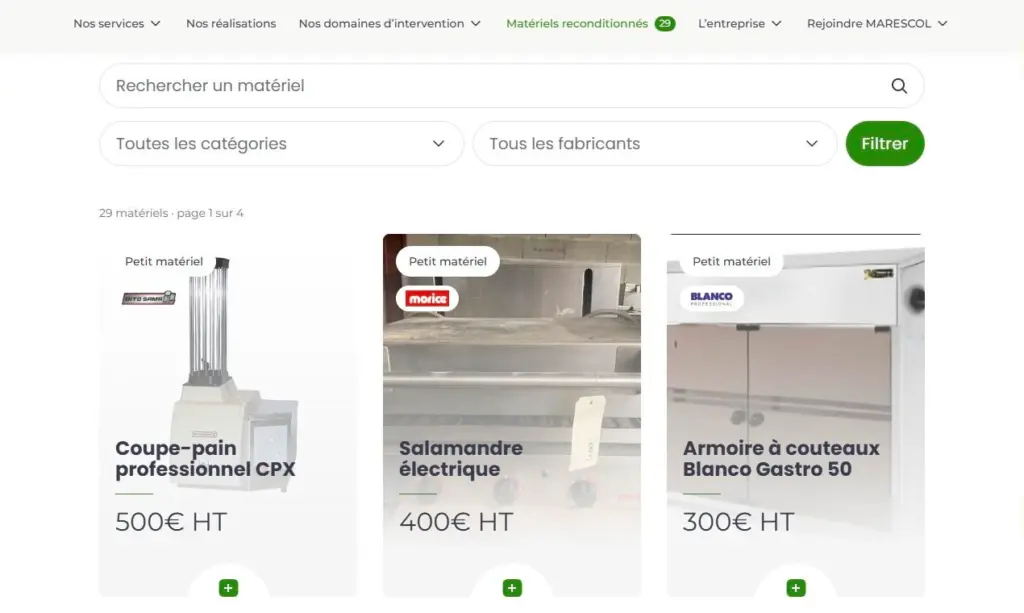 29 matériels reconditionnés, filtrables par fabricant et catégorie