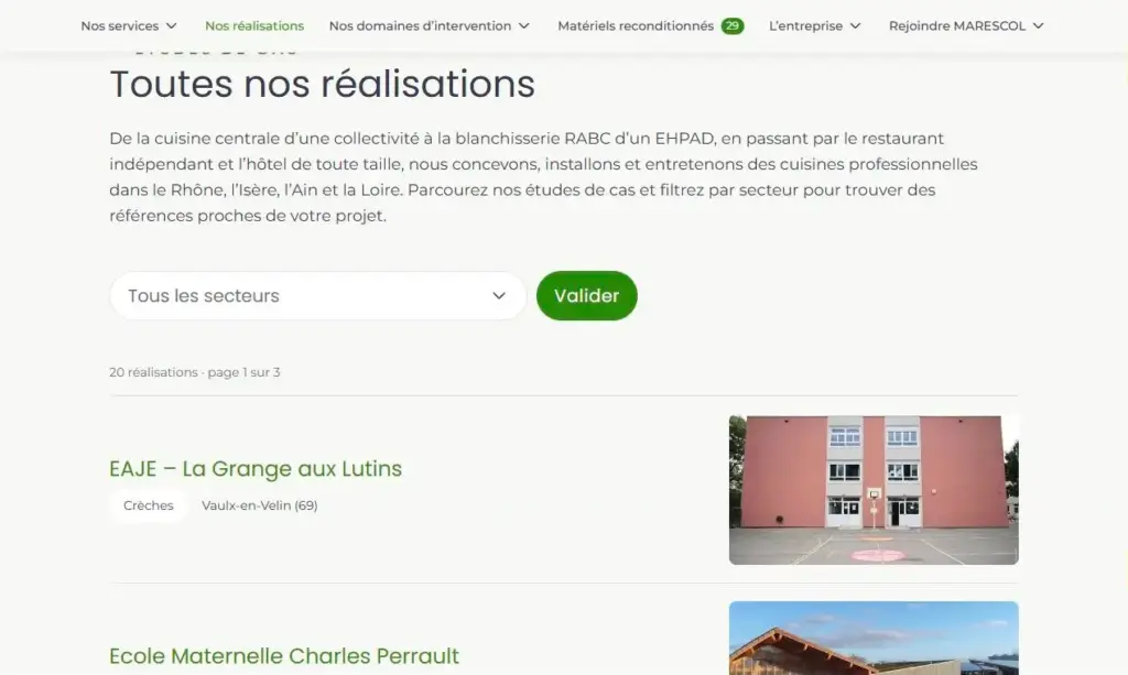 Page Réalisations du site Marescol, avec filtre par secteur et vingt études de cas