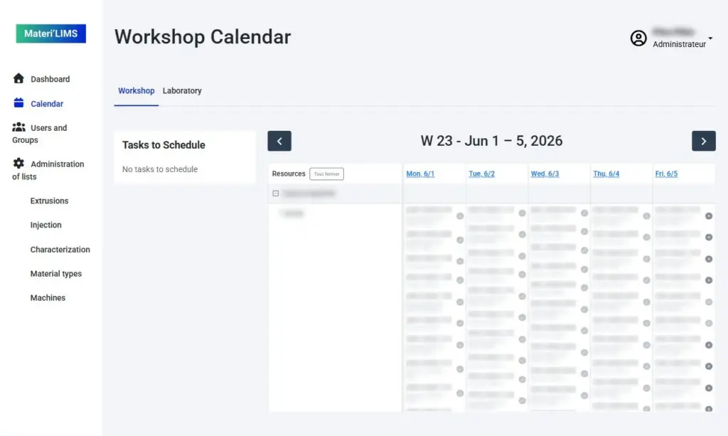 Calendrier de l’atelier de l’application Materi’LIMS, tâches d’injection de la semaine (valeurs floutées)
