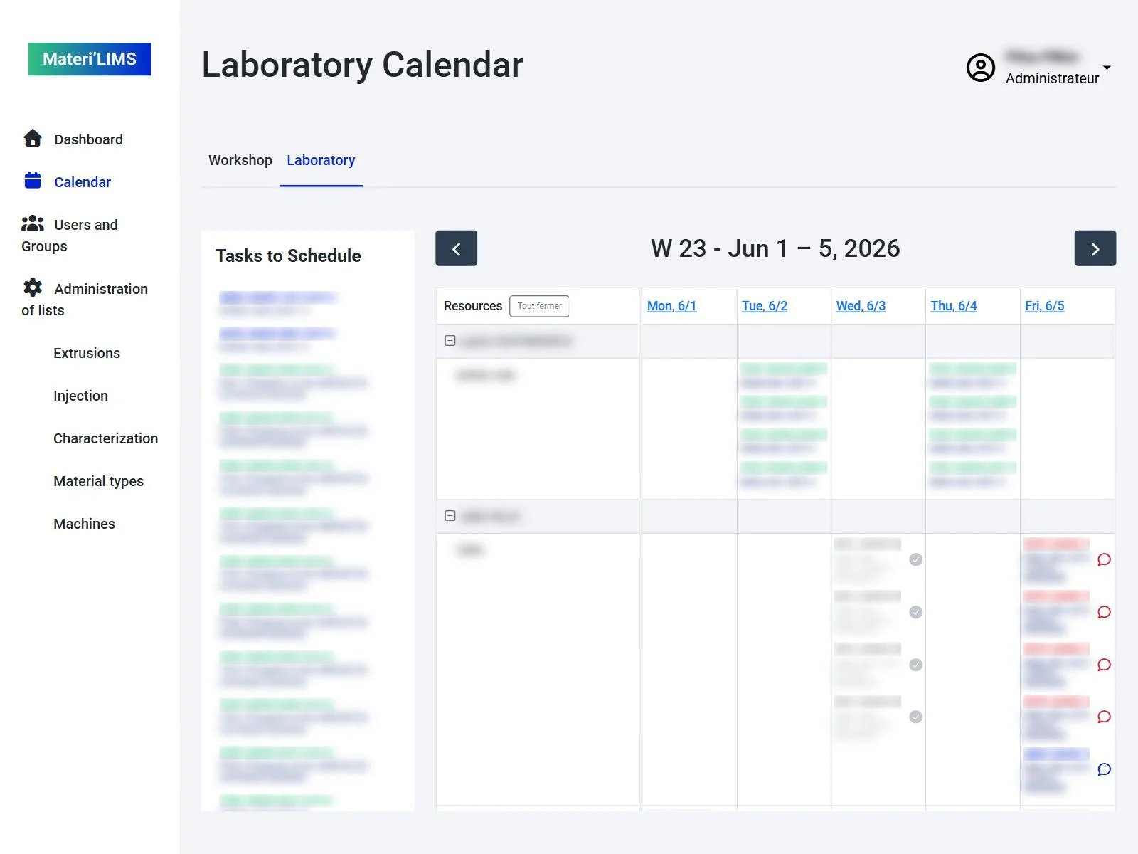 Calendrier du laboratoire de l’application Materi’LIMS, tâches planifiées par technicien et par essai (valeurs floutées)
