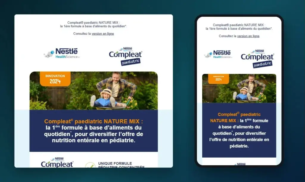 Emailing Nestlé Health Science sur Compleat paediatric Nature Mix, vue ordinateur et mobile