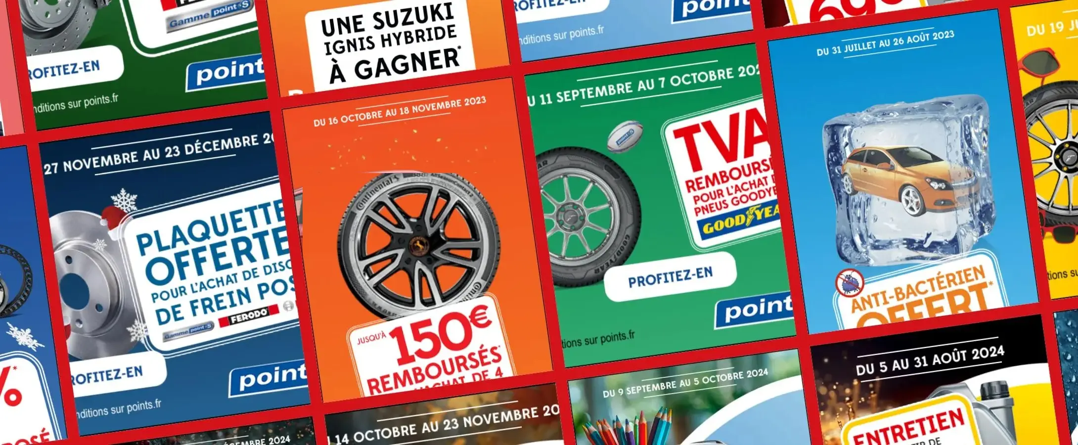 Dix-huit bannières display Point S issues de douze vagues promotionnelles, formats pavé et gratte-ciel