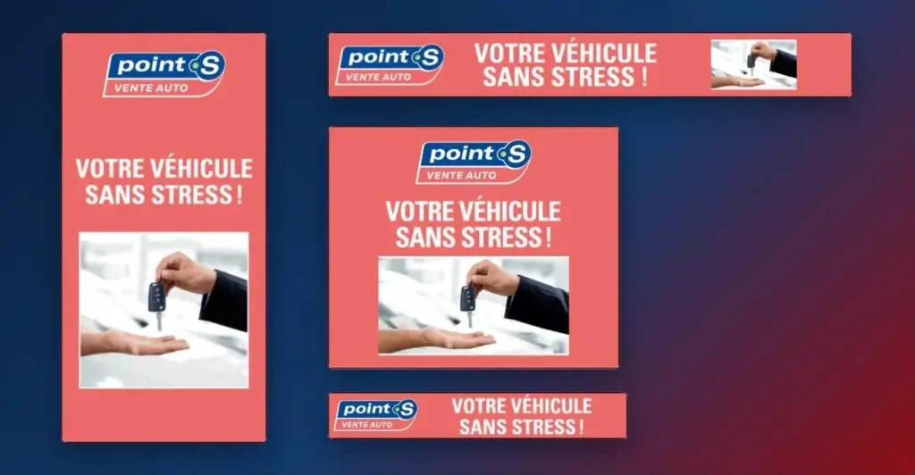 Les quatre formats IAB d'une vague Point S : pavé 300x250, gratte-ciel 300x600, bandeau 728x90 et bandeau mobile 320x50