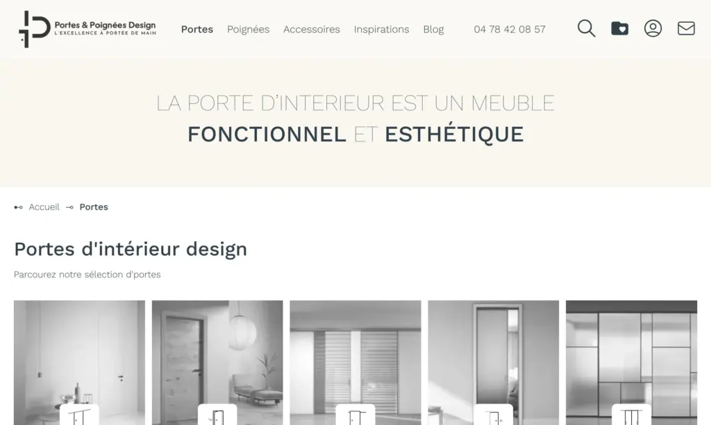 Page catalogue des portes d’intérieur : bandeau « La porte d’intérieur est un meuble fonctionnel et esthétique » et filtres visuels par type de porte