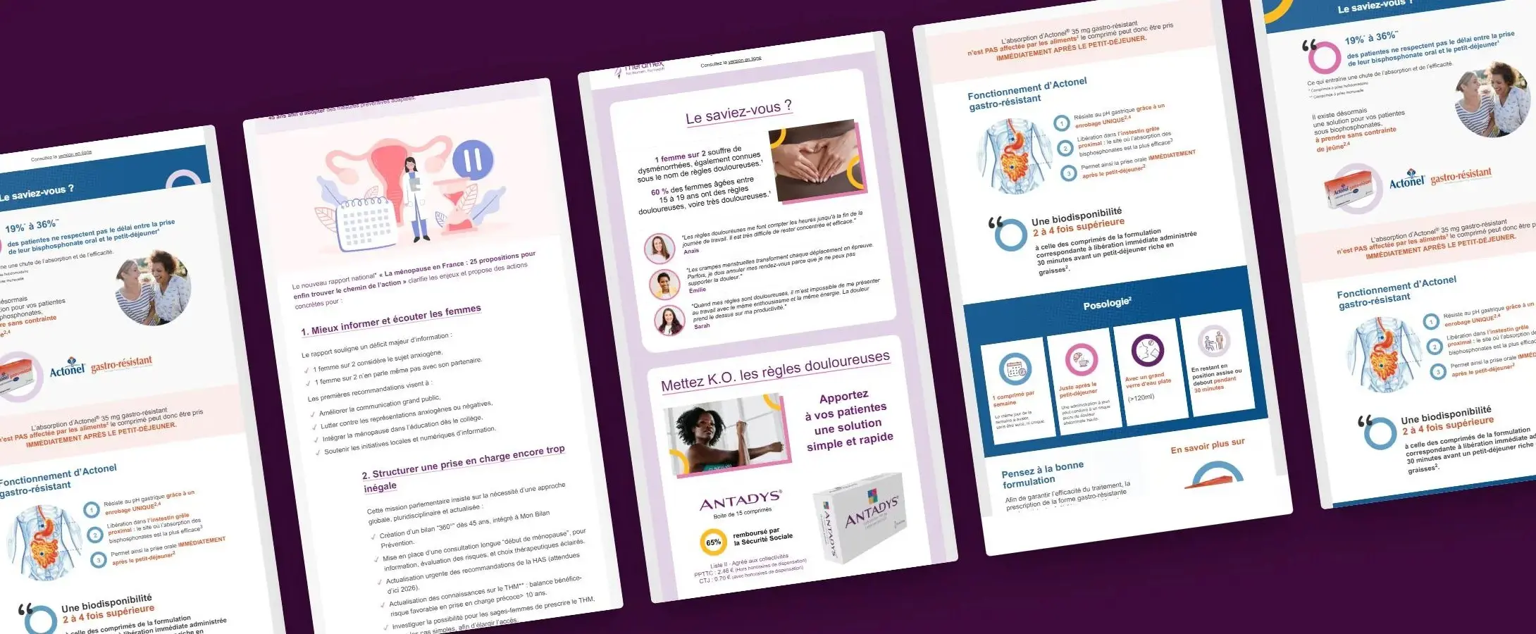 Assemblage des emailings Theramex adressés aux professionnels de santé sur la ménopause et les règles douloureuses