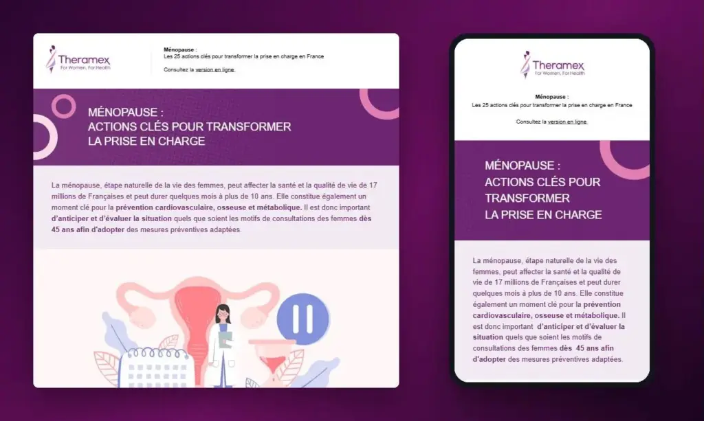 Emailing Theramex sur la prise en charge de la ménopause, vue ordinateur et mobile