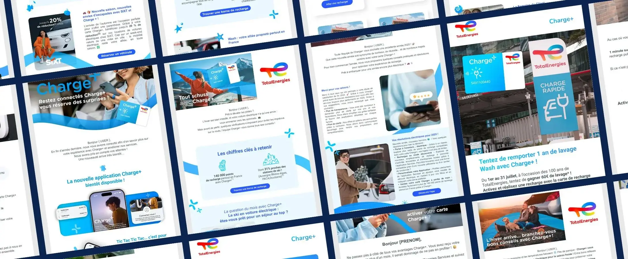 Assemblage de dix-huit emailings TotalEnergies Charge+, newsletters mensuelles et messages de service
