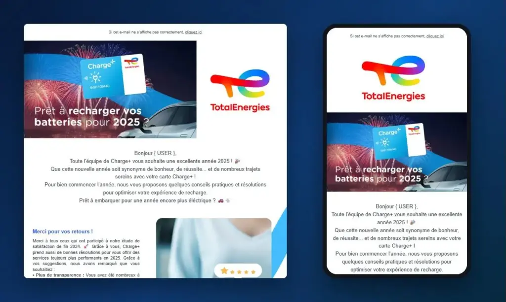 Emailing de vœux Charge+ de janvier 2025, vue ordinateur et mobile