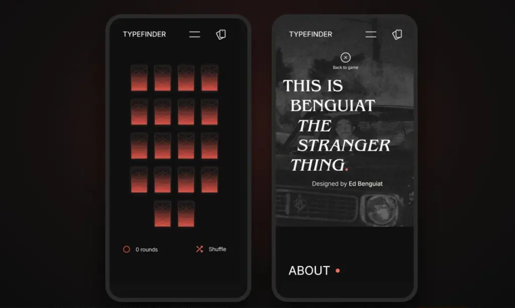 Typefinder sur mobile : la grille du memory et la page de la police Benguiat, côte à côte dans deux téléphones