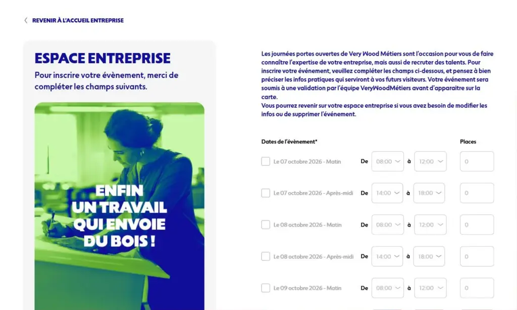 Formulaire de l’espace entreprise pour créer un évènement, créneaux et nombre de places