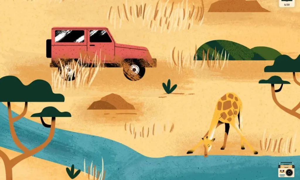 Détail de la carte illustrée de la savane : une jeep de safari et une girafe qui boit au bord de la rivière