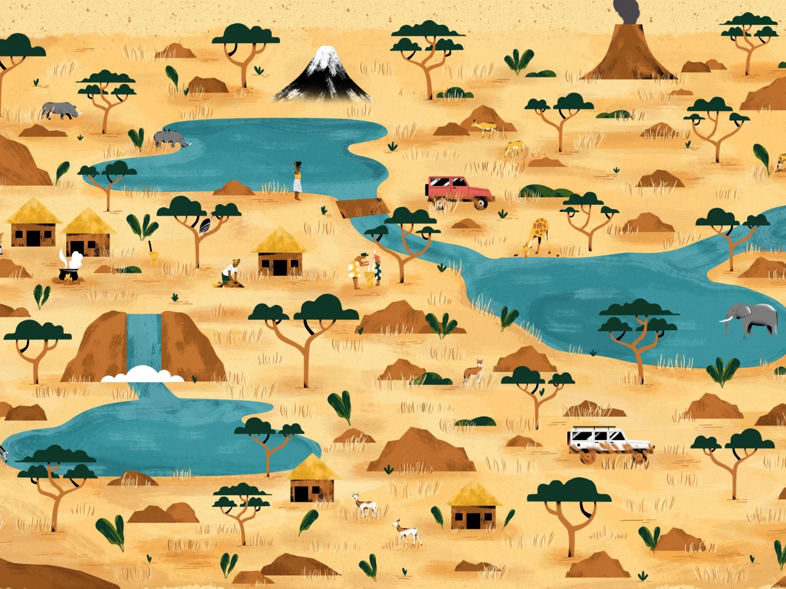 Carte illustrée de la savane du jeu Who Cares : rivières, cascade, village, volcan, jeeps de safari et animaux à retrouver, dont l’éléphant, la girafe et le rhinocéros